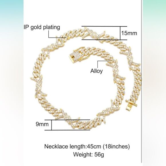 Gold Zircon Rock Thorns Cuban Chain Necklace - Picture 5 of 7